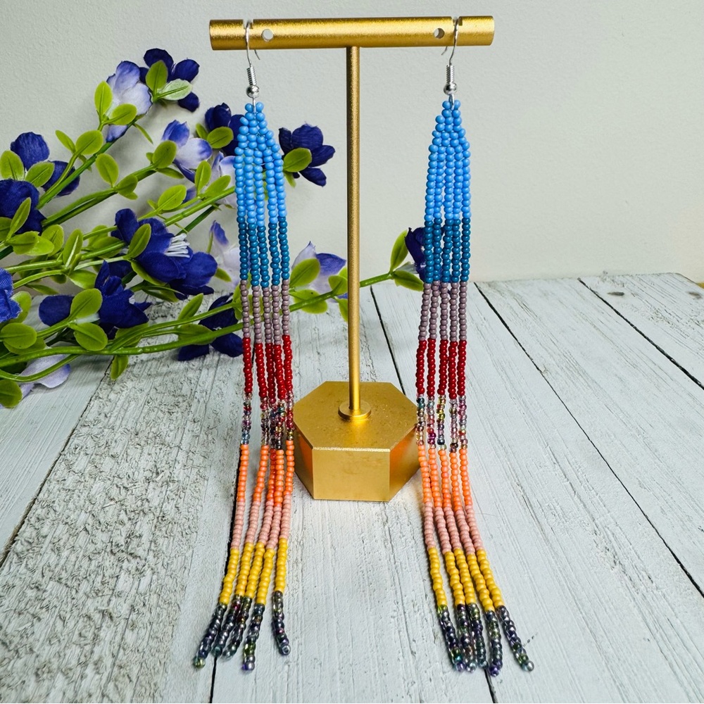 Long Seed Beaded Earrings Native American Themed Beaded Jewelry 6" Long Colorful - Picture 2 of 3